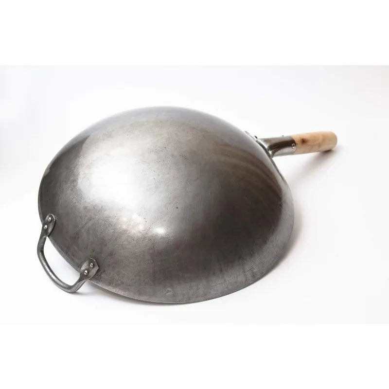 Traditional Hand Hammered Carbon Steel Wok with Wooden and Steel Helper Handle