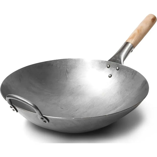 Traditional Hand Hammered Carbon Steel Wok with Wooden and Steel Helper Handle